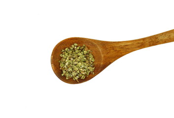 Pile of dried oregano isolated on white. Pile of dried oregano leaves on a white background. Spice for pizza. Pizza ingredient.