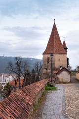 Cobblers' tower, one of the symbols of Sighisoara, on an overcast day in spring. Vertical framing II