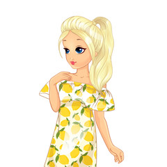 Girl In Cute Yellow Lemon Print Dress