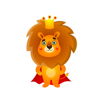Cute kid lion king with gold crown and red mantle