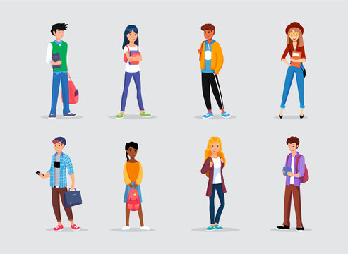 Schoolchildren characters in different poses. Students illustration in cartoon style. Set of teenagers. 