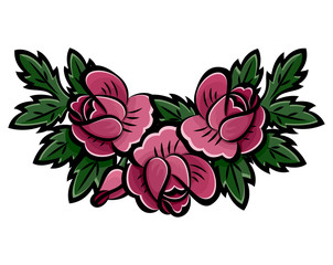 Wreath of pink roses, buds and green leaves with black stroke. Decoration element of cards, invitations, scrapbooking. Botanical hand drawn. Isolated on white background. Vector. Eps10 illustration.