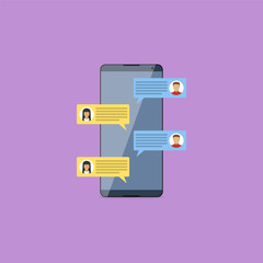 Chat online application on the smartphone screen with speech bubbles. Vector illustration in flat style