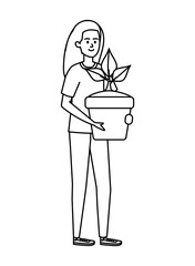 beautiful woman lifting houseplant in pot