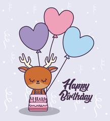 happy birthday card with cute reindeer and balloons helium