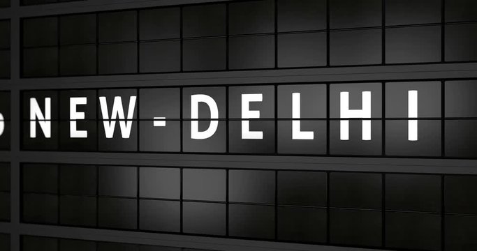 3D generated animation 4K, Analogue airport billboard with flight information, arrival city of New Delhi