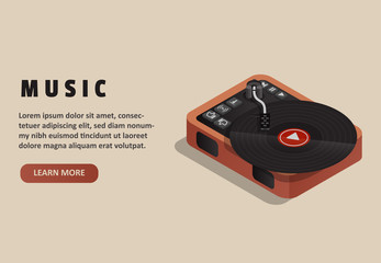 Vinyl record player banner. Music webpage banner. Isometric vector illustration 