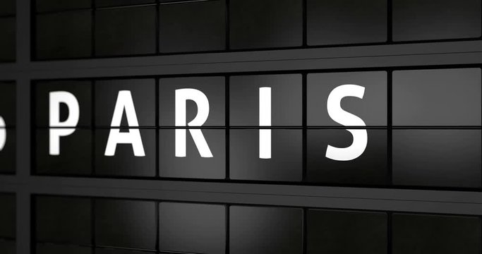 3D generated animation 4K, Analogue airport billboard with flight information, arrival city of Paris