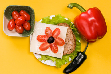 sandwich with vegetables on a white plate on a yellow background