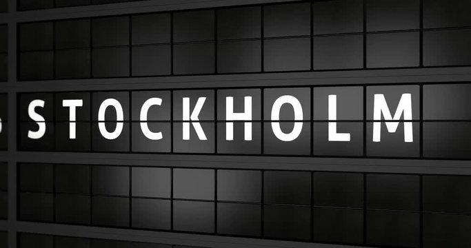 3D generated animation 4K, Analogue airport billboard with flight information, arrival city of Stockholm