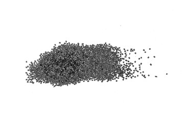 Gunpowder for a military or hunting rifle. Pile gunpowder, black powder isolated on white background.