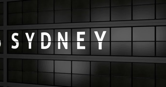 3D generated animation 4K, Analogue airport billboard with flight information, arrival city of Sydney