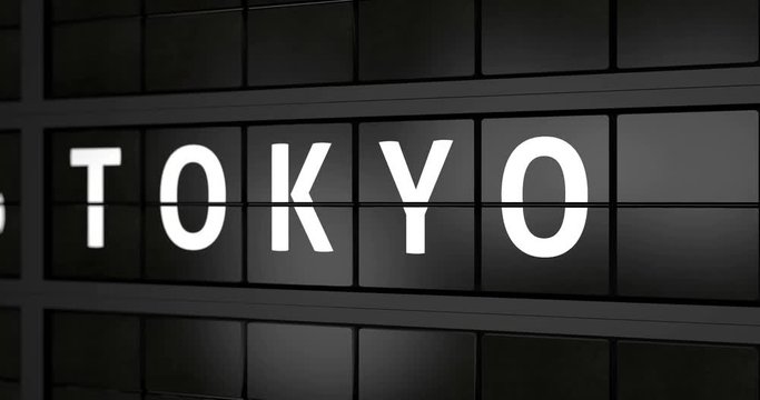 3D generated animation 4K, Analogue airport billboard with flight information, arrival city of Tokyo