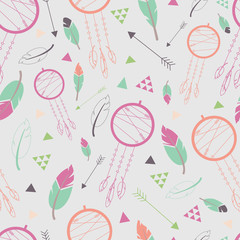 Vector Grey Dream Catcher and Feather vector Pattern.  Great for Wallpaper, wrapping paper. Surface Pattern