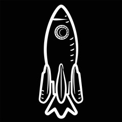 The rocket drawn by a white outline on a black background in the style of the sketch. Stock Vector Illustration
