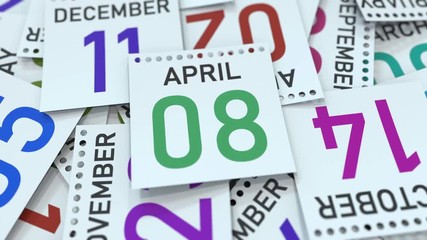 April 8 date on calendar leaf. 3D animation