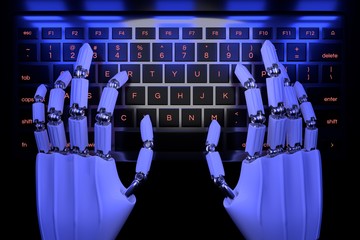 Hands of robot typing on keypad. Robotic cyborg hand using keyboard computer. 3d render realistic illustration. Top view.