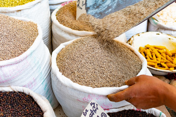 Dry Cumin Seed Or Caraway Seeds Herbal Aroma Food Seasoning In Herb Store Background