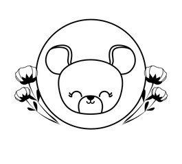 head of cute mouse in frame circular with flowers