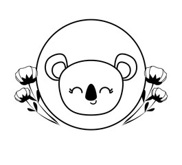 head of cute koala in frame circular with flowers