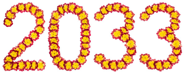 Inscription 2033, from natural flowers of primula, isolated on white background