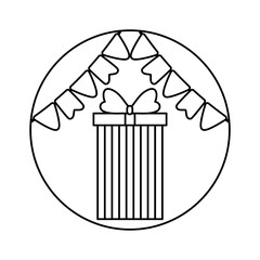 gift box present in frame circular with garlands hanging