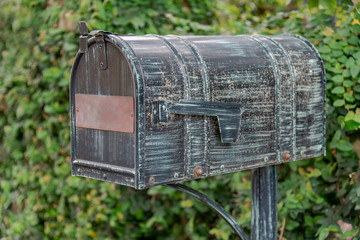 Vintage metal mailbox with name plate among green foliage