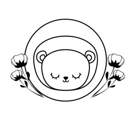 head of cute lion in frame circular with flowers