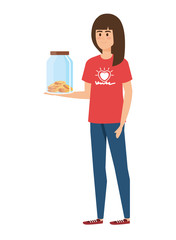 young woman volunteer with donations coins in jar