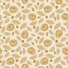 Seamless vector floral pattern with abstract flowers and leaves in gold-beige colors on light background. Ornate endless print in vintage style