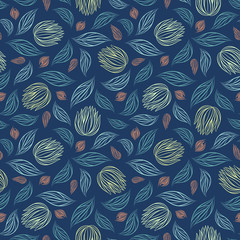 Seamless vector floral pattern with abstract flowers and leaves in pastel colors on blue background. Ornate endless print in vintage style