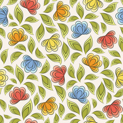 Seamless vector floral pattern with abstract flowers and leaves in red, yellow, blue, green colors on white background. Ornate endless print in boho style