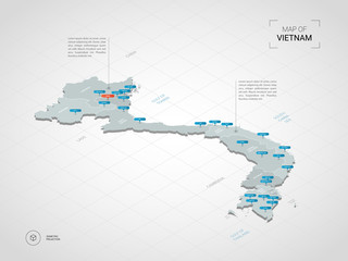 Obraz premium Isometric 3D Vietnam map. Stylized vector map illustration with cities, borders, capital, administrative divisions and pointer marks; gradient background with grid. 