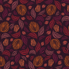 Seamless vector floral pattern with abstract flowers and leaves in pink and purple colors on black background. Colorful endless print in vintage style