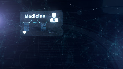 Abstract hologram. Medicine card with head shot and sign of heart rate, pressure and some other diagrams. Abstract blue background, full of light asterium.
