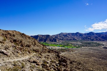 oasis of Palm Springs with mountains and blue sky
