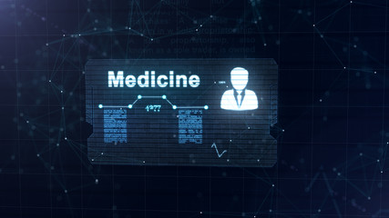 Abstract hologram. Medicine card with head shot and sign of heart rate, pressure and some other diagrams. Abstract blue background, full of light asterium.