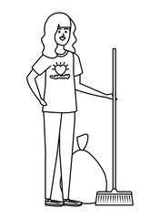 young woman volunteer with garbage bag with broom