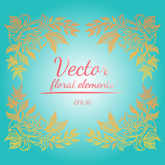 Wreath of orange flowers branch on blue color background. Floral design elements for invitations, greeting cards, posters, blogs. Hand drawn vector illustration. Vector floral elements.