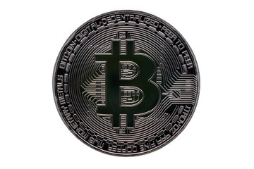Front side of silver bitcoin coin isolated on white background