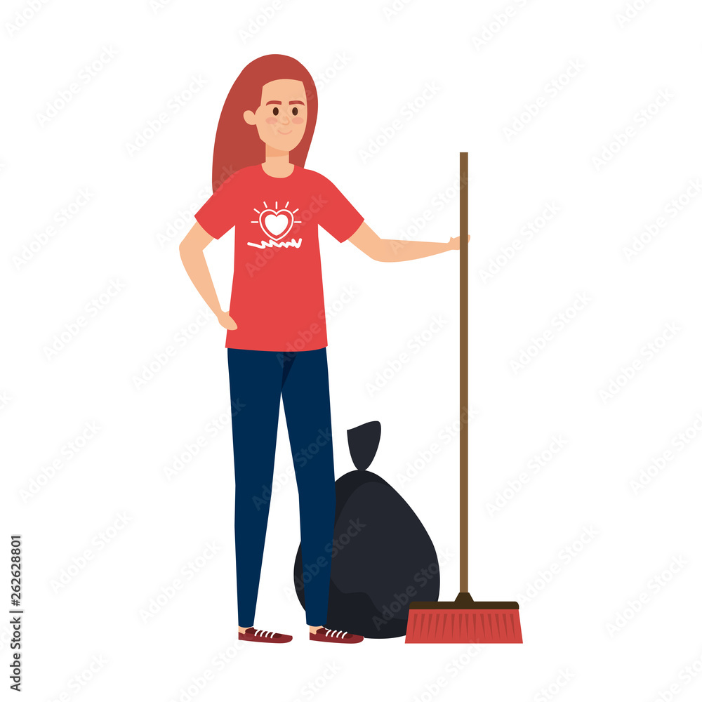 Wall mural young woman volunteer with garbage bag with broom