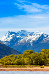 View of the landscape in Southern Alps, New Zealand. Copy space for text. Vertical.