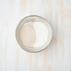 Step by step recipe. Homemade galette with vegetable. Top view, white wooden table