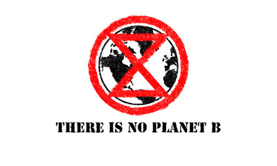 Extinction Symbol over planet earth there is no planet B text,