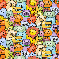 Seamless pattern with cute animals. Dogs, Cats, lion