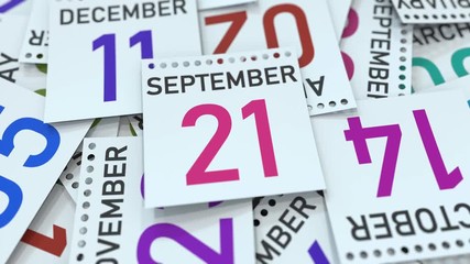 September 21 date on calendar page. 3D animation