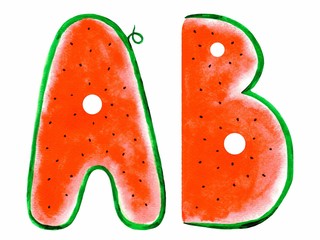 Aquarelle watermelon handwritten Latin (English and Spanish) letters: A and B. Isolated on a white background. Illustration. Summer tasty font.