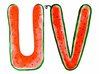Aquarelle watermelon handwritten Latin (English and Spanish) letters: U and V. Isolated on a white background. Illustration. Summer tasty font.