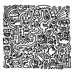 Cartoon cute doodles hand drawn grunge illustration. Line art scribble detailed, with lots of objects and lines background