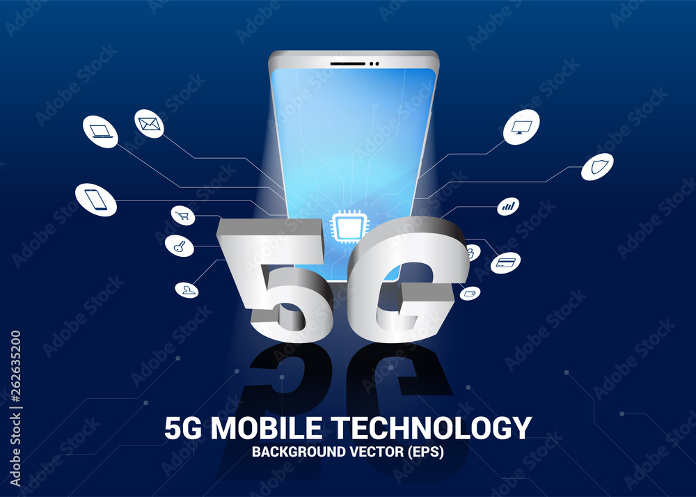 Poster mobile phone 3d with 5g and function icon.concept for mobile phone technology and telecommunication.